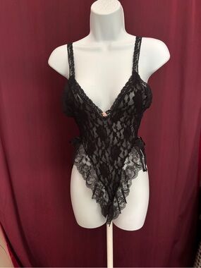 Sheer Black Lace V-Neck Chemise Bodysuit